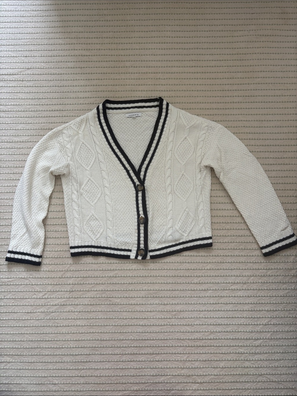 Cream Cable Knit V-Neck Cardigan with Black Trim Size - M